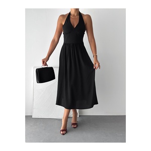 Women's Black Halter Neck Dress Elastic Waist Viscose Fabric Party Wear Sleeveless Backless Mid Length - Product Image 5