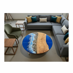 Mesa Auxiliar de Madera con Resina Epoxi Azul de 12 Pulgadas, Mesa Auxiliar de Sofá con Arte de Río de Resina para Playa, Mesa de Centro de Resina Epoxi con Soporte - Product Image 1