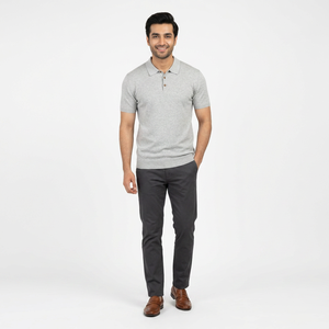 Chemise polo en tricot pour homme en coton lyocell gris uni à boutons, design tendance - Product Image 1