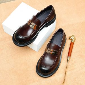 Leather Round-Toe Trendy <b>Shoes</b> for Men Metallic Style Business Casual Wear Genuine Leather Upper <b>Height</b> <b>Increasing</b> Autumn - Product Image 1