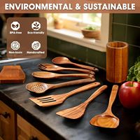 Ensemble de 9 cuillères de cuisine et ustensiles de cuisine en teck naturel de grande marque et durable