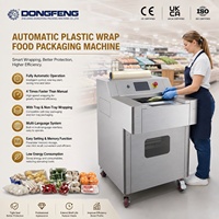 Commerciële automatische clingfilm voedselverpakkingsmachine met meertalig touchscreen en geheugenfunctie voor verpakkingen met en zonder bakjes.