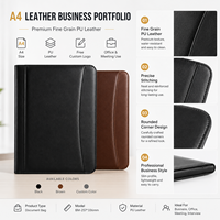 Portafolio de Negocios A4 de Cuero con Envío Rápido, Tapa Dura de PU de Grano Fino con Costura en Arco, en Stock para Ejecutivos, Reuniones y Oficina