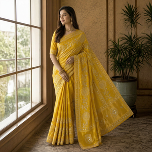 <b>Yellow</b> Bandhani Moonga Silk Vintage Floor-Length <b>Saree</b> Mirror Work Border Elegant Indian Wedding Wear Designer Party Wear Women - Product Image 1