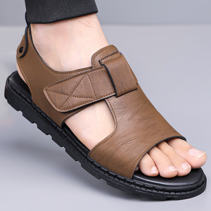 Men's Summer Flat Sandals Genuine Leather Open Toe <b>Hook</b> Loop Casual Anti Slip Beach <b>Shoes</b> Rubber Outsole - Product Image 1