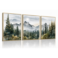 Ensemble de 3 tableaux muraux encadrés or Forêt Brumeuse, Impression sur toile Lune et Pin, Décoration Moderne Monochrome de Luxe pour Maison et Hôtel