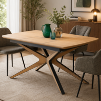 Table à manger moderne en mélamine imitation bois, taille fixe, avec base en métal bicolore en forme de X, pour la maison et l'hôtellerie