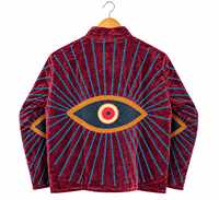 Blouson Bomber Femme en Velours Bordeaux Brodé avec Motif Œil, Manches Longues, Col en V, Doublure Coton, Hiver, Fourniture ODM, Respirant, Séchage Rapide