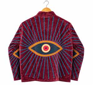 <b>Burgundy</b> Velvet Embroidered Eye Bomber <b>Jacket</b> <b>Women</b> Long Sleeve Stand Collar Cotton Lining Winter B2B Wholesale Supply - Product Image 3