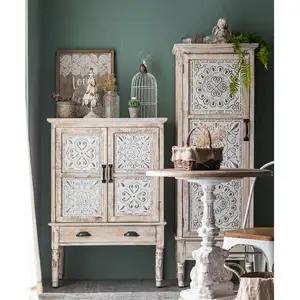 INNOVA salon accent armoire en bois massif 2 portes 1 tiroirs Pastoral Vintage Distressed White Paint Storage Decor Buffet