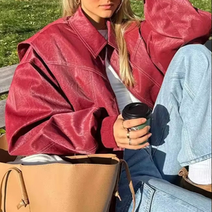 2025 automne nouvelles femmes Style américain en <span class=keywords><strong>cuir</strong></span> PU manteau veste fermeture éclair Cardigan poche revers col Vintage vêtements d'extérieur veste - Product Image 1