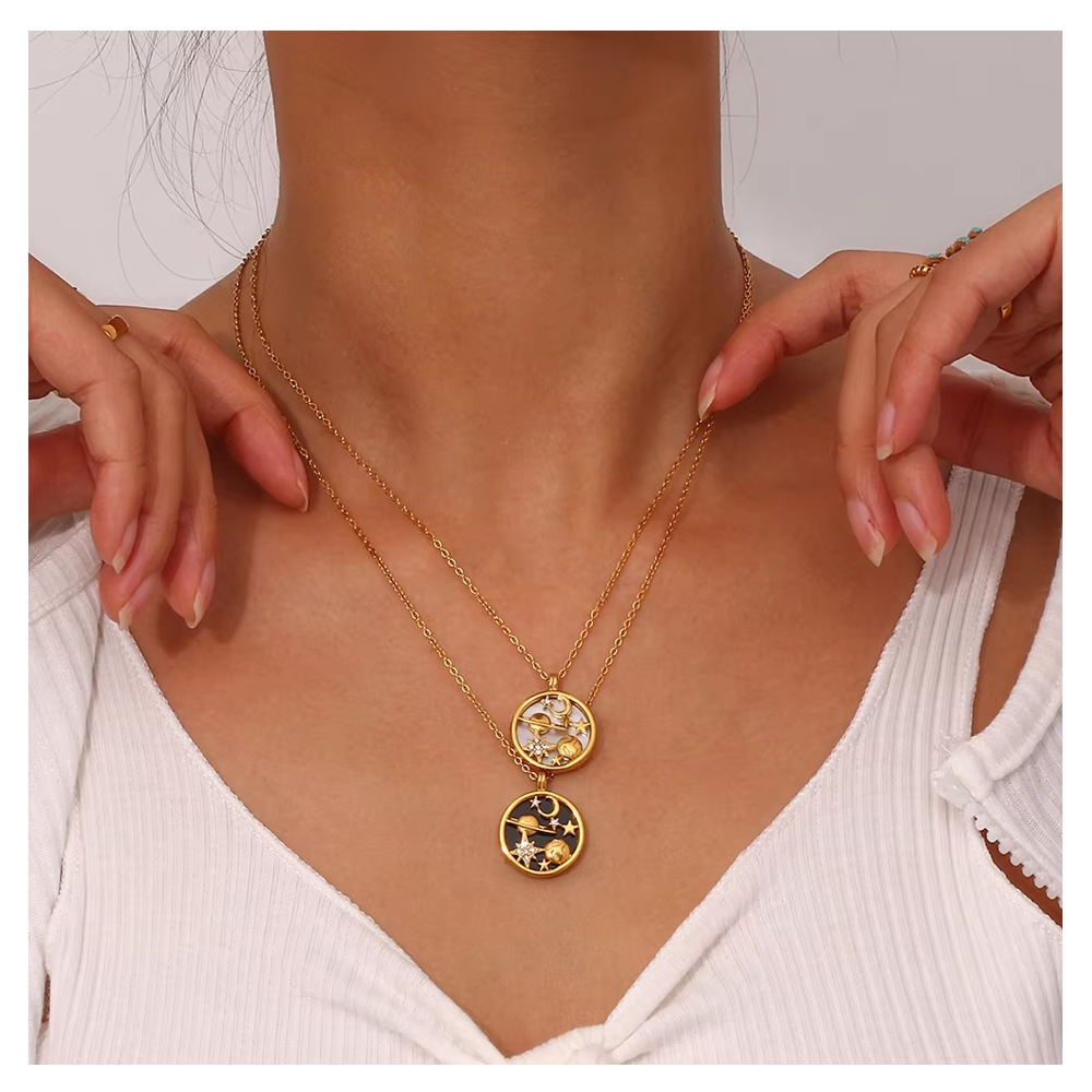 18k Gold Plated Stainless Steel Universe Moon Stars Necklace