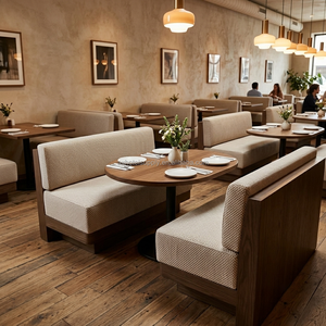 Ensemble de banquettes et tables de restaurant de style <span class=keywords><strong>vintage</strong></span>, banc en tissu tissé, table basse à base en bois cannelé pour cafétéria, <span class=keywords><strong>bistrot</strong></span> - Product Image 1