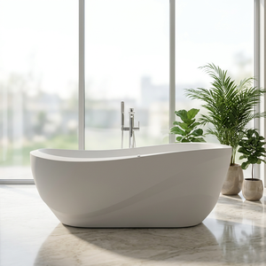 Bañera Ovalada Independiente de Acrílico de 1.7m, Diseño Moderno y Minimalista, con Drenaje Central, Bañera de Hidromasaje con Cascada - Product Image 2
