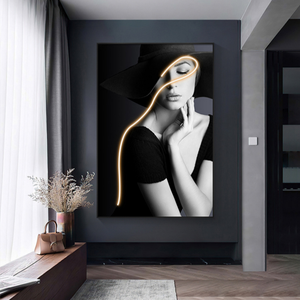 Peintures suspendues de porche de restaurant moderne noir blanc orange personnages éclairage LED invités étage Figure peintures de portrait - Product Image 6