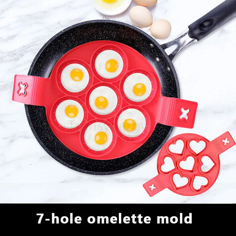 Food-grade Silicone Non Stick Egg Ring Pancake Liner Kitchen Baking Round 7 Holes Omelet Mould Pan With Handle