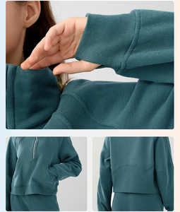 Sweat-shirt personnalisé pour femmes, pull-over en polaire, veste avec poche, streetwear de couleur unie, sweat-shirt sportif court à demi-fermeture éclair pour femmes - Product Image 3