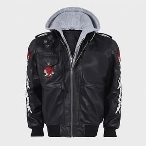 Sweat à capuche en polaire de qualité supérieure, veste bomber en cuir PU pour homme avec motifs brodés et capuche amovible - Product Image 1