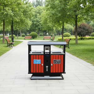 ถังขยะแยกประเภทแบบมีหลังคา สำหรับพื้นที่สาธารณะ  วัสดุโลหะ  ลายไม้  สองช่อง - Product Image 5