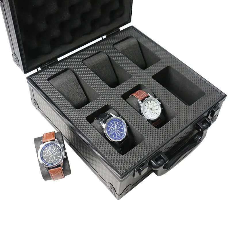 customized black watch box 6 slots watch travel case luxury aluminum watch brief case