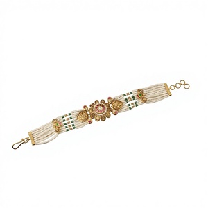 22K Solid Gold Classic Floral <b>Ruby</b> Chain & Link <b>Bracelet</b> for Unisex Indian Meenakari Pearl Strand Kada Wedding Jewelry 10.91g NA - Product Image 1
