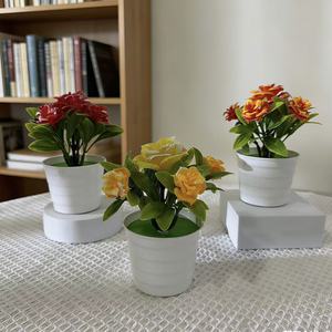Plantes artificielles en pot de roses, 5 pièces, pot en plastique ondulé, décoration de bureau, style bonsaï, plante d'intérieur - Product Image 2