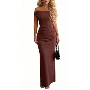 Women's Off-Shoulder Ruched Maxi Dress - Metal Bodycon Formal Gown Dresses Fashion - Product Image 6