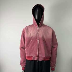 Custom Heavyweight Double Zip Up <strong>Jacket</strong> <strong>Oversized</strong> Cropped Drop Shoulder Vintage Acid Wash Distressed Streetwear Manufacturer - Product Image 1