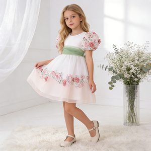 MQATZ Robe de bal en satin pour filles, <span class=keywords><strong>tenue</strong></span> d'anniversaire petite princesse d'été avec dentelle florale et décoration de nœud, col en O AI6065 - Product Image 1