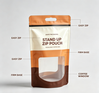 Sachets personnalisés à fermeture éclair, pochettes verticales en stock, emballage plastique mat refermable avec fenêtre, sacs à café pour snacks, emballage alimentaire en aluminium