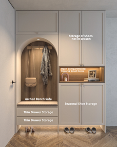Système d'entrée tout-en-un personnalisé avec <span class=keywords><strong>armoire</strong></span> à chaussures intégrée, sièges et espace de rangement suspendu – Organisateur de couloir minimaliste - Product Image 1