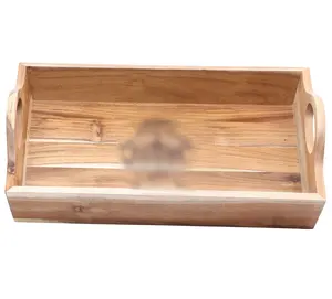 Customize Home Kitchen Acacia Wooden Food Serving Tray With 4 Divider Serving Tray