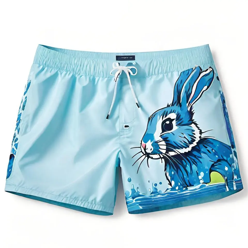 Shorts de verão masculinos personalizados, calção de banho hidrocromático de coelho, tecido mágico para show aquático, material inteligente para roupas, shorts de verão