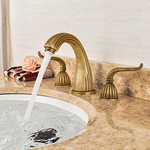 Grifo de tres orificios para lavabo de cobre retro de estilo francés, grifo de baño de tres piezas de doble manija negro para el hogar, grifo frío y caliente