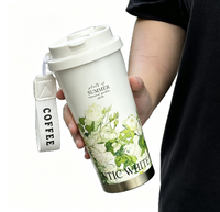 Mug à café isotherme en acier inoxydable 316, motif muguet, avec sangle de transport, paille double usage, anti-fuite, cadeau d'affaires