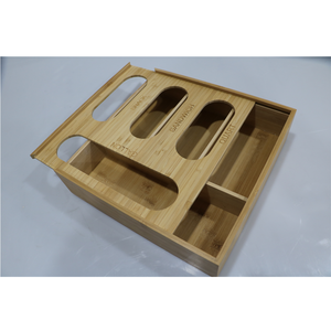 Customized designs bamboo sliding lid food bag organizer holders drawer storage organizer for ziplock bag