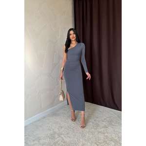 Vestido de Noche al por Mayor con un Solo Hombro, Detalle Fruncido, Cintura Imperio, Silueta de Gala, Talla XL, Largo hasta el Suelo, Estilo Fiesta, Color Gris - Product Image 3