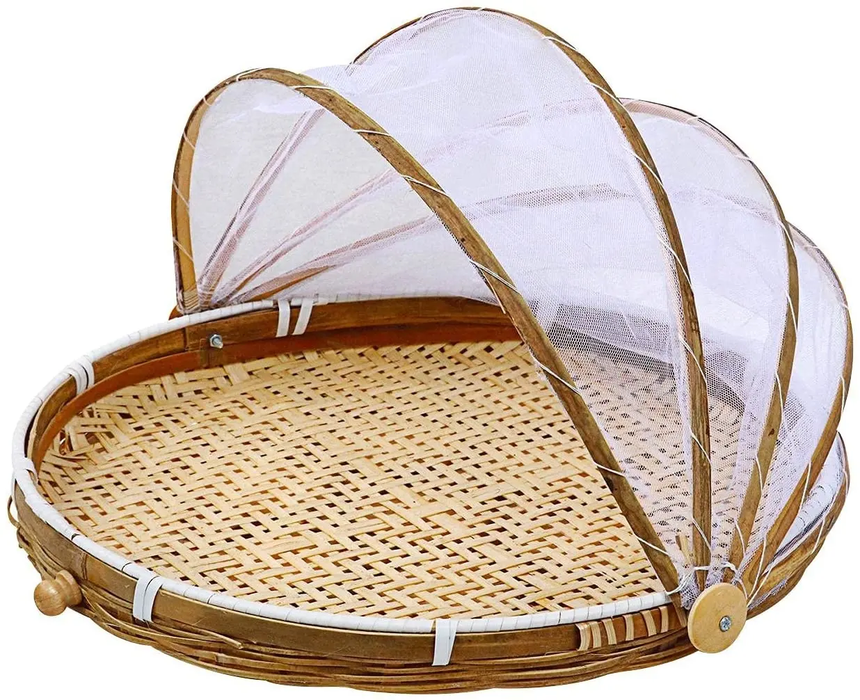 Hand-Woven Food Serving Basket with Gauze - Bug-Proof Dustproof Round Picnic Basket Food Tent Cover Storage Container for Home