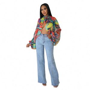 Yi  Promo Spesial 2026 Baru  Blus Wanita Seksi Model Draped Lengan Panjang Berenda Motif Cetak Bahan Sifon untuk Wanita - Product Image 5