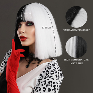 Perruque de 12 pouces avec frange, perruque bob noire et blanche, perruques de cosplay pour Halloween pour femmes, <span class=keywords><strong>cheveux</strong></span> courts et raides - Product Image 3