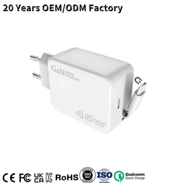 GaN 45W PD 3.1/3.0 QC3.0 Fast Charging 2xType-C Port Magnetic Retractable Foldable Cable 70CM OVP/OTP US/EU/UK Plugs CE FCC UKCA