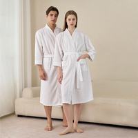Jubah Mandi Wanita & Pria Model Korea Lengan Tiga Perempat Bahan Polyester Tipis Bertekstur Waffle V-Neck Penyerap Air untuk Musim Semi & Musim Panas