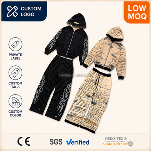 Ensemble <span class=keywords><strong>de</strong></span> survêtement pour homme personnalisé par le fabricant, effet déchiré et vieilli, imprimé journalier sur toute la surface, comprenant un sweat à capuche zippé et un pantalon <span class=keywords><strong>de</strong></span> jogging ample, style streetwear - Product Image 1