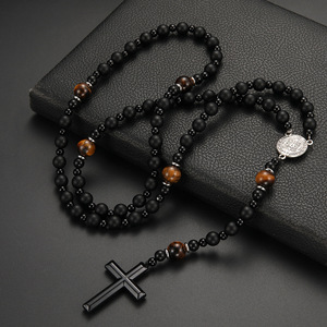 <span class=keywords><strong>Collana</strong></span> Unisex Vintage <span class=keywords><strong>con</strong></span> Pendente a Croce Religiosa, <span class=keywords><strong>Rosario</strong></span> Cattolico <span class=keywords><strong>con</strong></span> Perle in Pietra Lavica Nera Naturale da 8mm per Uomini e Donne - Product Image 4