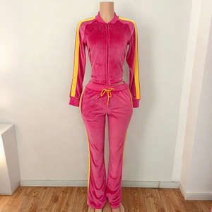 Custom Logo Women <b>Velour</b> <b>Tracksuit</b> Full Zip Striped Hooded Crop Jacket Pants Set Y2K Casual Sweatshirt Outfit - Product Image 2