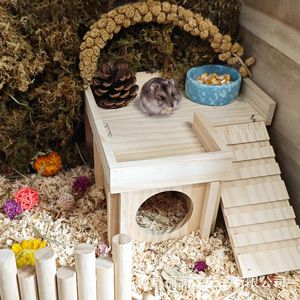 Casa de madera maciza para hámsteres de dos niveles con escalones antideslizantes, refugio interior desmontable para hámsteres pequeños - Product Image 1