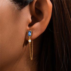 Boucles d'oreilles pendantes CANNER en argent sterling 925, zircon bleu rectangulaire simple, chaîne longue, plaqué or 18 carats pour femmes - Product Image 4