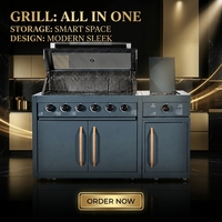 Barbecue au gaz commercial gris à 6 brûleurs, cuisinière d'extérieur avec armoire latérale et système de grillades roulantes