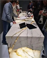 Pierre lumineuse de luxe, prix avantageux pour table à manger en granit bleu solide et bureau de réception en quartz Pandora, design translucide