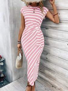 Элегантная Высококачественная Женская одежда, летнее платье в пол с полосатым воротником, коротким рукавом и поясом - Product Image 6